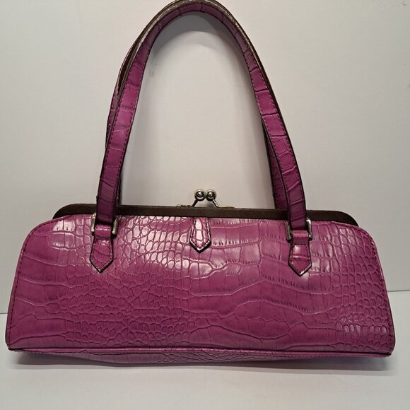 Chinese Laundry Clutch 2 Handle Hot Pink Faux Croc Green Lining Kiss Lock - Picture 11 of 12